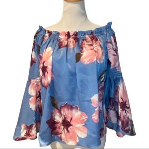 Haute Monde | Blue and Pink Floral Off Shoulder Bell Sleeve Flowy Top | Size L